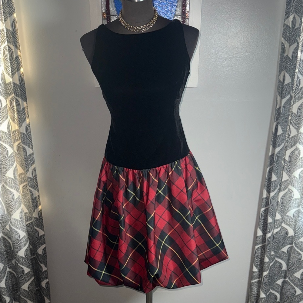 American Living Velvet & Plaid Bubble Hem Party Dress SZ 4